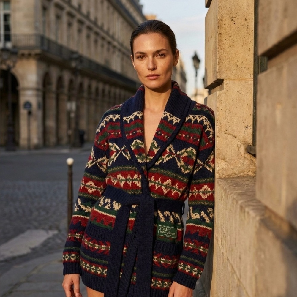 Vintage Ralph Lauren Polo COUNTRY Hand Knit Wool Shawl Cardigan Belted‎ M